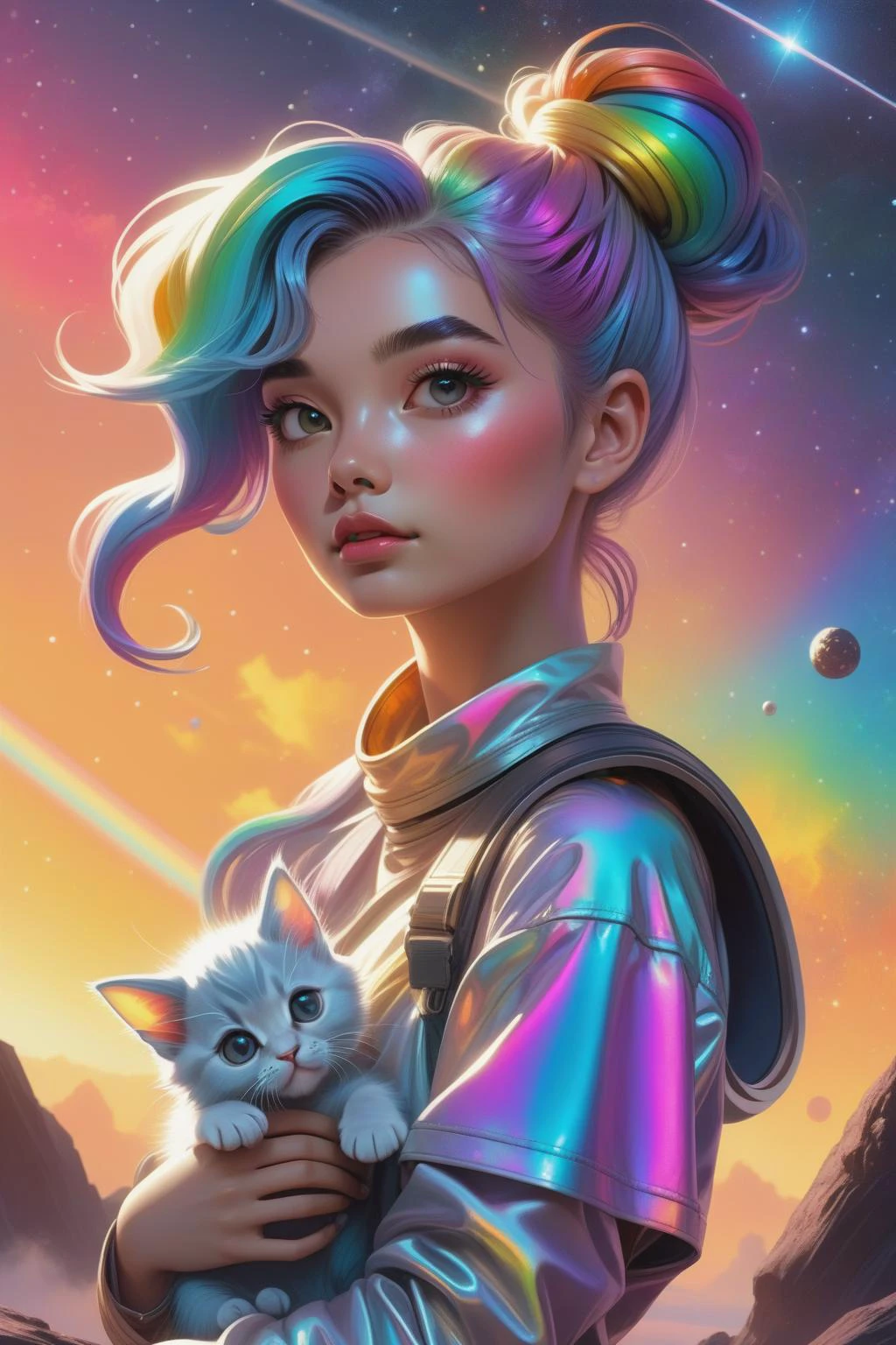 in the style of artgerm, (1girl),(in the sky is stars and asteroid belts ,               sunset , sunlight with godrays, ),Leaning and pretending to pet an invisible kitten, Top knot, extremely detailed clothes, Iridescent rainbow hair, looking at viewer, retro ink, neon Mud Gray glow