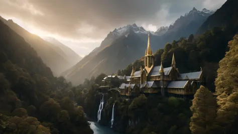 an eerie dark realistic photography of rivendell from the lord of the rings, gold adornings on the buildings,RAW, 8k, Award winn...