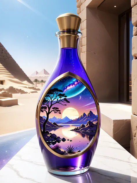 beautiful scenery nature glass bottle landscape,luxor , purple galaxy bottle <lora:Luxor_V1:1>