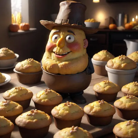 (corn muffin man thanksgiving), (4k, 8k, cinematic, spotlight lighting, extreme detail, ultra quality, HD, high definition, HDR, high dynamic range, octane render, Masterpiece, best quality, colorful, 8k wallpaper, Volumetric Lighting, best shadows, crisp clear ultra definition, hyper realistic realism)