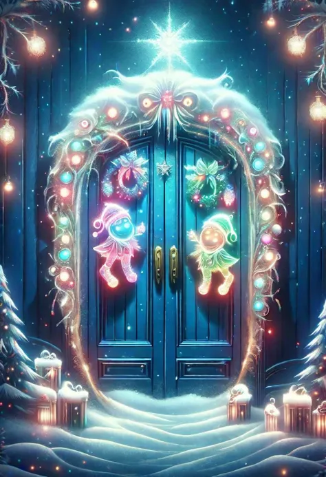 cute holographic Christmas wreath made of snow FrostedStyle on a whimsical blue door with Christmas lights and cute Epoch Elves ornaments DonMN30nChr1stGh0stsXL