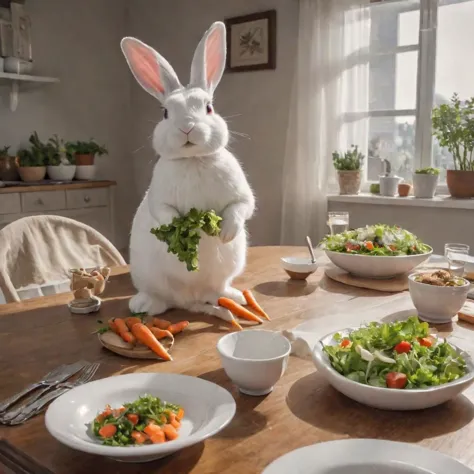 large white bunny standing on dinner table set with salad bowls holding a carrot HDR low camera angle dramatic shadows high dyna...