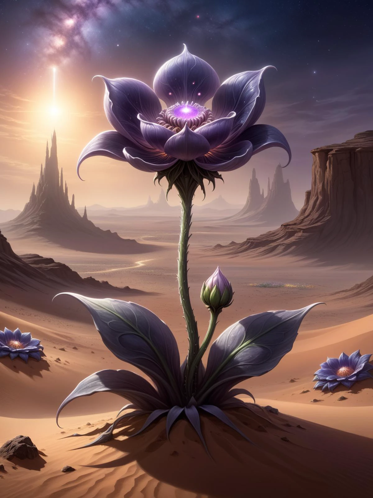 缥缈 fantasy concept art of horror-themed breathtaking a single delicate flower growing in the middle of the desert ColorART, 多彩的外星人DonMASKTexXL , 杰作, 屡获殊荣, 专业的, 非常详细, 怪异, 令人不安, 黑暗的, 幽灵般的, 悬念重重, 严峻, 非常详细, 华丽的, 天上的, 缥缈, 绘画性的, 史诗, 雄伟, 神奇, 幻想艺术, 封面艺术, 梦幻般的