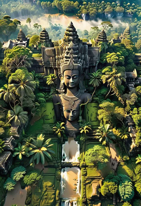 hyperdetailed, hyperrealistic, 8k, high quality, hi res, best quality, high quality, absurd res, natural lighting, intricate, soft warm lighting,
In the heart of a lush valley, surrounded by majestic mountains, lies the Grand City of Angkor Wat,hindu temple,lush vegetation,