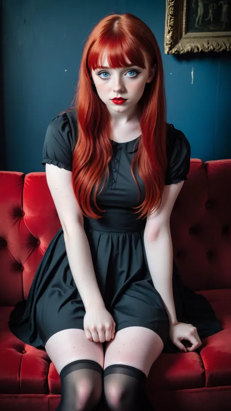 Photograph of a cute Irish goth woman, 20 years old, (sitting on a red sofa:1.8), very busty, very long red hair with bangs, pal...