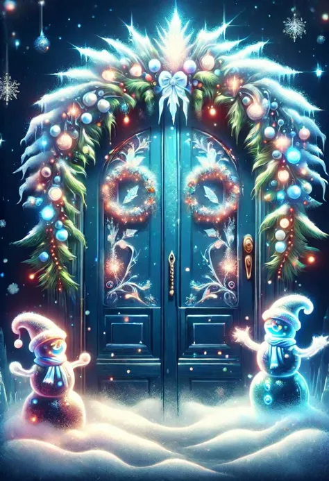 a painting of two snowmen standing in front of a blue door