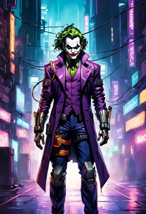 in the style of Dan Mumford, Cyberpunk Style, 1man, The Joker helmet,  full body shot, half robotic face, cyberpunk clothing, me...