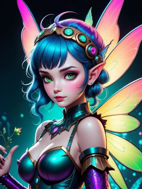 comic photography of a cute and creepy fairy, perfect face, intricate details, realism, colorful cyberpunk <lora:trip4:0.3> psyc...