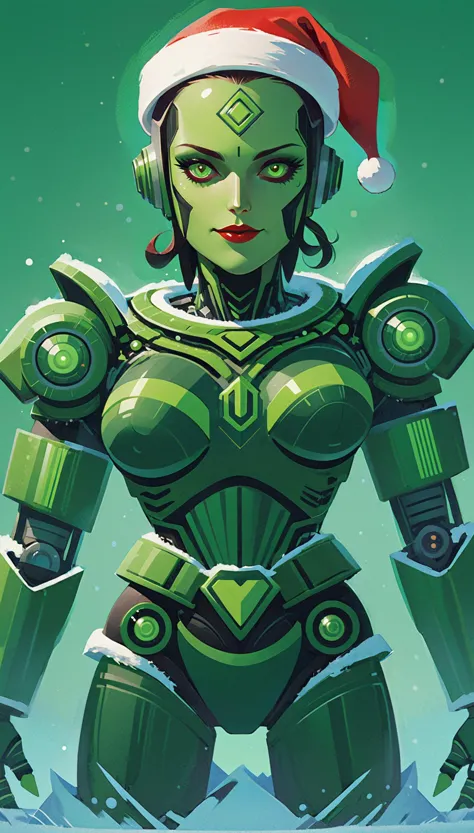 Père Noël robot sexy et maléfique, Noël, vert,  James Gillard, oeuvre de James Gillard,  à la manière de James Gilleard, illustration gilleard art psychédélique, style drdjns