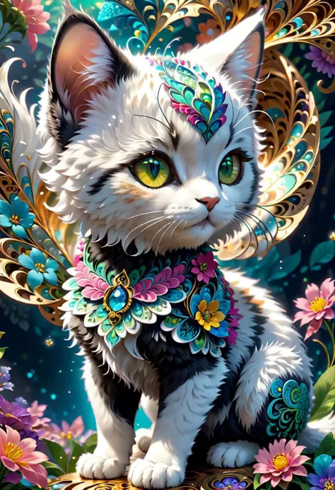 (masterpiece, top quality, best quality, official art, beautiful and aesthetic:1.2), (1kitten, extremely detailed,(fractal art:1.1),(colorful:1.1)(flowers:1.3),highest detailed,(zentangle:1.2), (dynamic pose), (abstract background:1.3), side view, chibi, fluffy, cute big eys, art by mooncryptowow