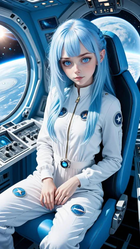 Photograph of a cute woman flying a spaceship, sitting ladylike in the captain's chair, (white/blue jumpsuit:1.6), very pale pie...