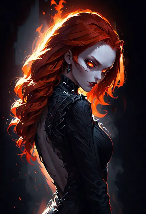 a woman with red hair and a black outfit is standing in front of a dark background