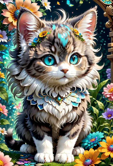 (obra maestra, calidad superior, mejor calidad, arte oficial, hermoso y estetico:1.2), gatito principal, extremadamente detallado, fractal art, Vistoso, flores, más detallado, zentangle, pose dinámica, fondo abstracto, Vista lateral, chibi, esponjoso, ojos grandes y lindos, arte de mooncryptowow, Feliz, lindos ojos grandes, ojos sexys