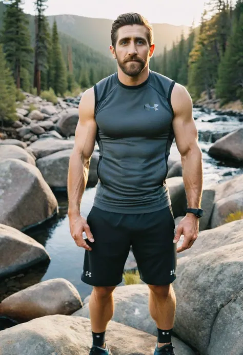 photo of jake gyllenhaal a man <lora:jake-gyllenhaal:1>, wearing a sleeveless well-fitted under armour hoodie and compression shorts, standing on a boulder, outdoor trail, 35mm photograph, film, bokeh, professional, 4k, highly detailed, creek in the background, natural lighting, golden hour