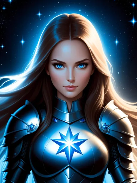 comic A simple but stunningly beautiful painting of a woman, with long hair and blue eyes. She is wearing an armor made of stars...