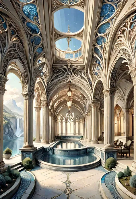 Charles Schridde,ivory,Terragen, extremely courtyard with a bridge over a gorge, beautiful, intricate details, masterpiece, high...