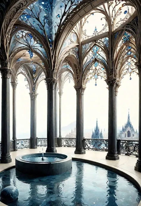 there is a fountain in a building with a view of a castle