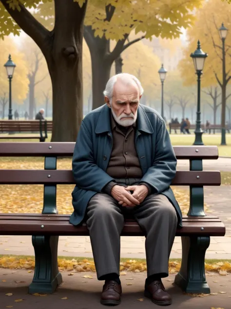 Hyperrealistic art photorealistic, old man, sitting on a bench in a park, sad . Extremely high-resolution details, photographic,...