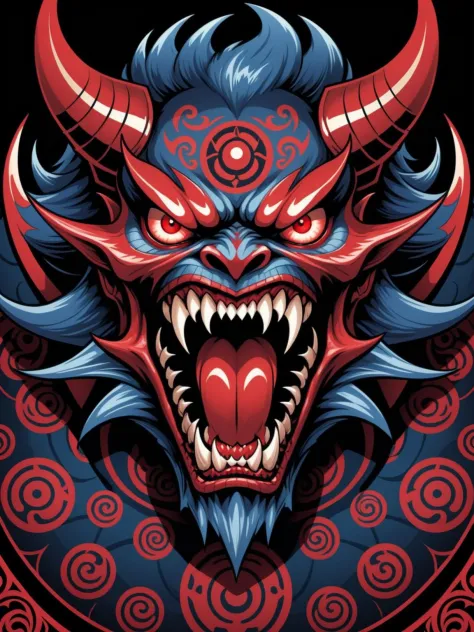 comic Japanese pattern, totem,sharp, demonic entity, looking at viewer, simple background, demon, red eyes, fangs, open mouth, t...