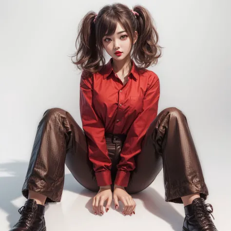 best quality, (1girl, chocolate brown hair, pig tails, red lips), (wearing long pants, long shirt), white background <lora:haird...