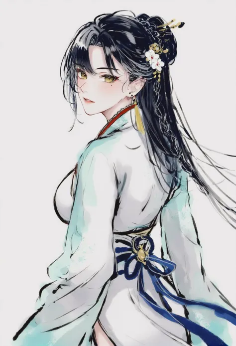 masterpiece, best quality,  solo, long sleeves, chinese clothes, white background,   traditional media,hanfu,1girl, virtual youtuber, solo, long hair, mole, looking at viewer, yellow eyes, braid, jewelry, hair flower, earrings, hair ornament, flower, looking back, breasts, blush, parted lips, bangs, from behind, multicolored hair, long sleeves, dress , white dress ,
