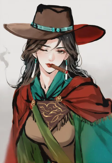 a drawing of a woman in a cowboy hat and green scarf