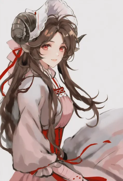 masterpiece, best quality,  solo, long sleeves, chinese clothes, white background,   traditional media,hanfu,1girl, solo, eyjafjalla \(arknights\), brown hair, long hair, horns, looking at viewer, official alternate costume, bonnet, animal ears, parted lips, upper body, sheep horns, sheep ears, white headwear, pink eyes, from side , dress, artist name, red eyes, sheep girl ,
