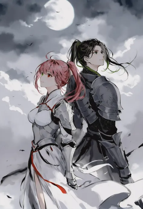 two anime characters standing next to each other under a cloudy sky