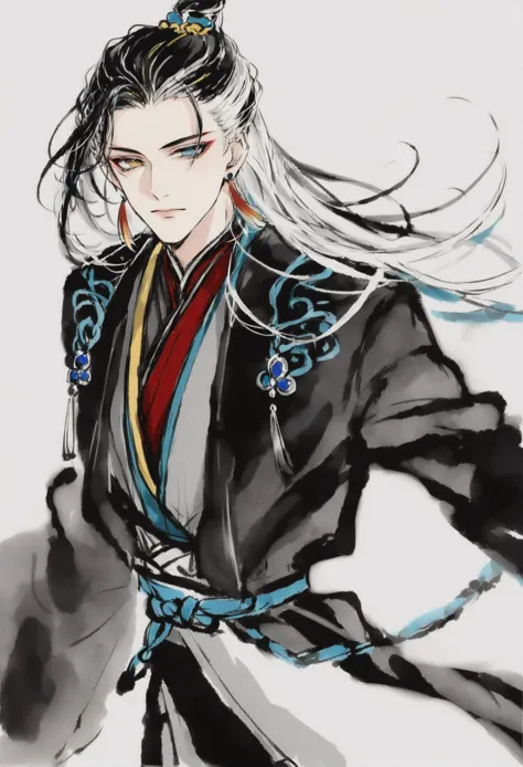 masterpiece, best quality,  solo, long sleeves, chinese clothes, white background,   traditional media,hanfu,blue eyes, earrings, long hair, black hair, jewelry, yellow eyes, short hair, jacket, white hair, 1girl, 1boy, closed mouth, multicolored hair, black jacket, white background ,
