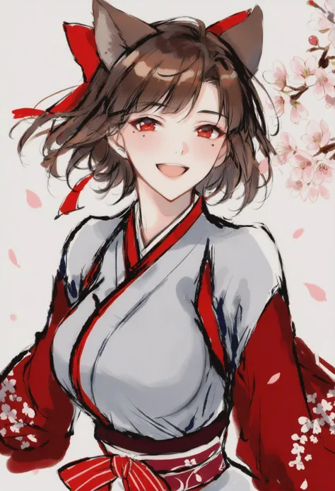 masterpiece, best quality,  solo, long sleeves, chinese clothes, white background,   traditional media,hanfu,1girl, solo, smile, open mouth, looking at viewer , red eyes, brown hair, upper body, breasts, mole, cherry blossoms, bangs, :d, hair bow, blush, animal ears, short hair, long sleeves ,
