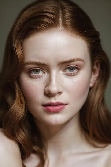 a close up of a woman with red hair and a white dress