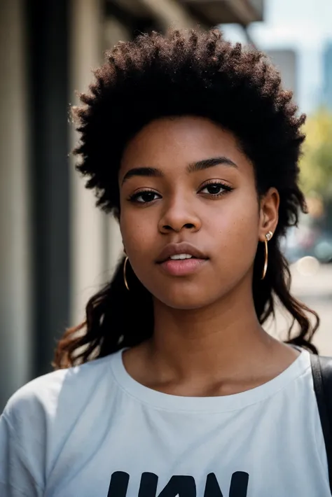 photo of a young 18 years old black woman,  street photography downtown New Orleans, from below,  finely detailed skin, rim lighting, hard lighting, ((hasselblad photography)) (8K, 16k, uhd, dslr), (RAW photo:1.2), (best quality:1.4), (high quality:1.4), (masterpiece:1.2), (realistic:1.3), (photo-realistic:1.4), ultra-detailed, (grainy:0.4)