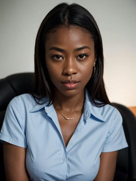 Analogue photo of a woman age of 32, (office worker), (dark skin:1.2), (detailed face features), serious person, (office clothes), in a office, upperbody, hard lighting, fisheye lens, rim lighting, hard lighting, by ((hasselblad photography)) (8K, 16k, uhd, dslr), (RAW photo:1.2), (best quality:1.4), (high quality:1.4), (masterpiece:1.2), (realistic:1.3), (photo-realistic:1.4), ultra-detailed, (grainy:0.4)