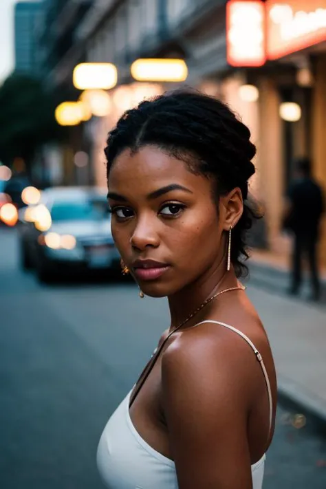 black woman street photography downtown New Orleans,  finely detailed skin, rim lighting, hard lighting, ((hasselblad photography)) (8K, 16k, uhd, dslr), (RAW photo:1.2), (best quality:1.4), (high quality:1.4), (masterpiece:1.2), (realistic:1.3), (photo-realistic:1.4), ultra-detailed, (grainy:0.4)