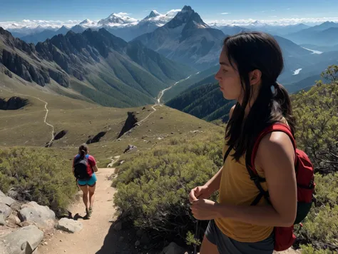 there is a woman that is walking up a hill with a backpack