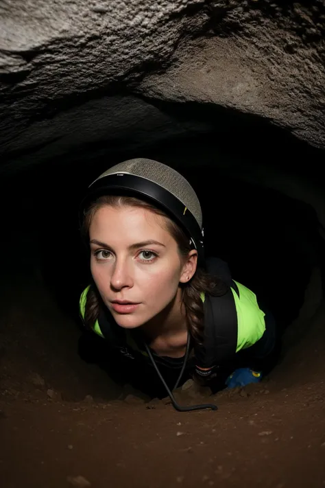 Photo of a female spelunker, in cave exploration gear, inside a massive cavern, spherical panorama capturing the entire cave interior, intricate stalactites and stalagmites, LED headlamp and diffused cave lighting, camera positioned at the center of the cavern, ISO 400, f/8, 1/15 sec, in the exploratory style of Carsten Peter. (perfect face), (amateur) (8K, 16k, uhd, dslr), (RAW photo:1.2), (best quality:1.4), (high quality:1.4), (masterpiece:1.2), (realistic:1.3), (photo-realistic:1.4), ultra-detailed, (grainy:0.4)