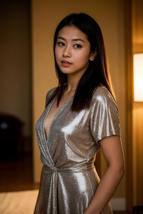 a close up of a woman in a shiny dress posing for a picture