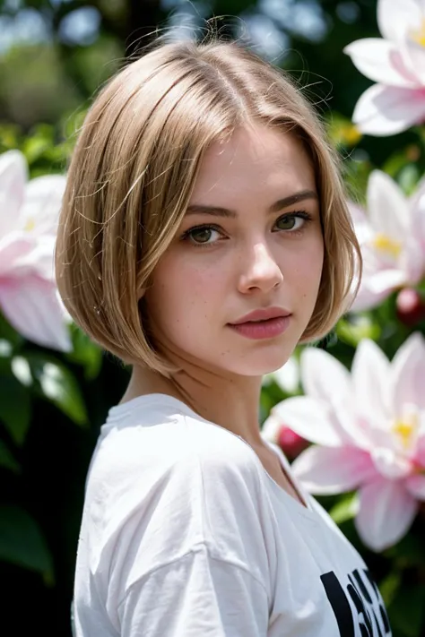 a close up of a woman with a white shirt and flowers