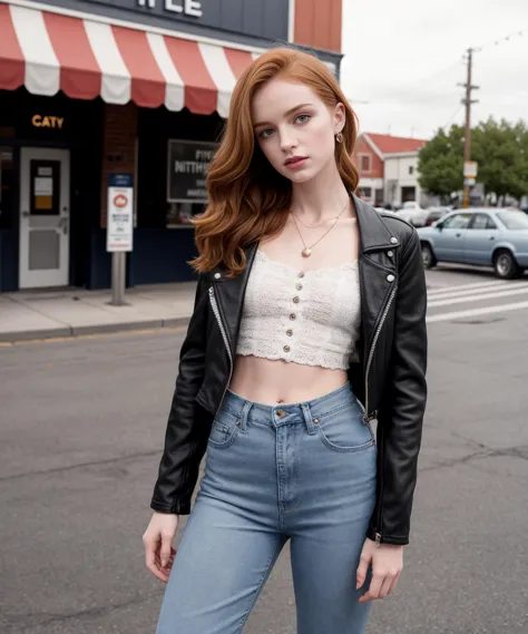 1980s \(style\) photo of fit, thin  25 year old  jp-Gingerv1-275 ,Asymmetrical cut, vibrant lipstick, Corset top, acid wash jeans, biker jacket, Retro diner with checkerboard floors, Canon EOS 5D Mark IV, 85mm f/1.8, 1/200s, ISO 640