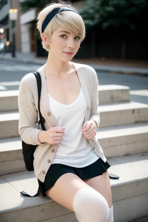 athletic, petite 30 year old American woman sitting on sidewalk steps, plain cardigan, black knee high socks, panties, dim lighting, blonde pixie cut, freckles, backpack, hairband soft shadows, film grain, nostalgic, bokeh,