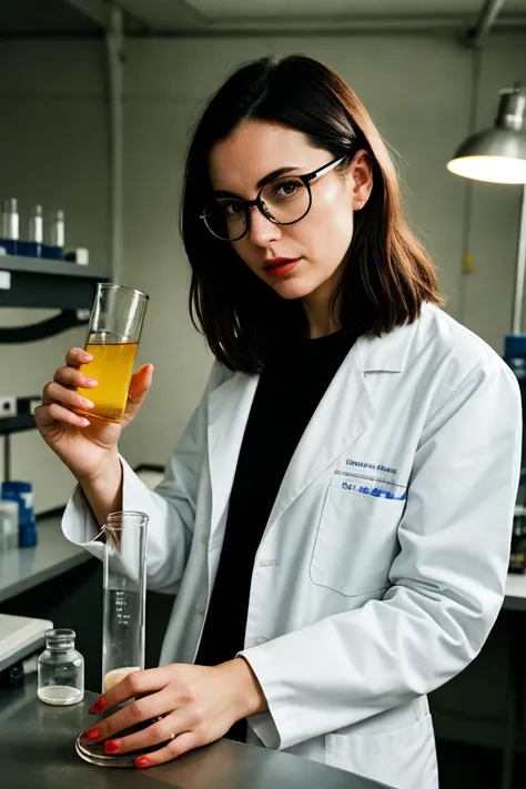 Quirky portrait of a female scientist, highlighting her lab coat, quirky glasses, and the chemical flask in her hands, captured as she conducts an experiment, medium shot, set in a well-equipped lab with various scientific instruments, lit by neutral, overhead lights to ensure color accuracy, shot from a three-quarters angle to showcase the lab environment, using a 24-70mm lens with a medium aperture to keep everything in focus, in the style of Tim Walker. (perfect face), (8K, 16k, uhd, dslr), (RAW photo:1.2), (best quality:1.4), (high quality:1.4), (masterpiece:1.2), (realistic:1.3), (photo-realistic:1.4), ultra-detailed, (grainy:0.4)