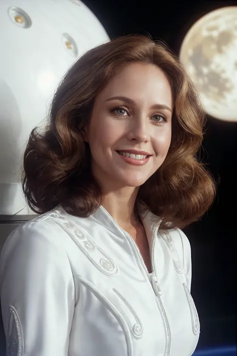 a close up of a woman in a white shirt smiling