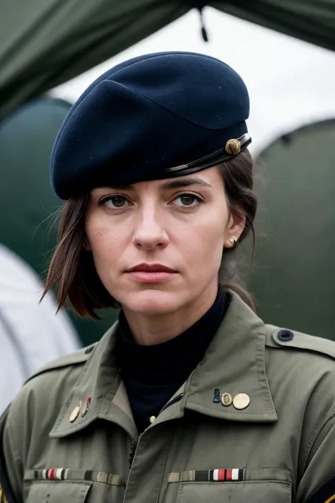 arafed woman in military uniform standing in front of tents