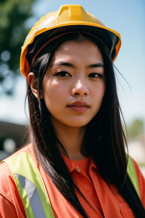 a close up of a woman wearing a hard hat and orange shirt