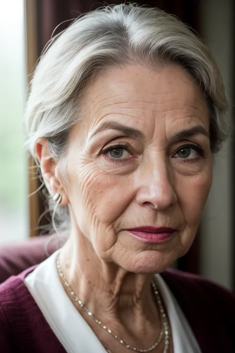 Nostalgic portrait of an elderly woman, capturing the wisdom in her eyes and the texture of her wrinkles, taken in her cozy living room, close-up, set against a backdrop of family photographs and vintage furniture, lit by soft, ambient light coming from a nearby window, shot at eye level to capture her expression, using a 50mm lens with a shallow depth of field to focus on her face, in the style of Irina Ionesco.. (perfect face), (8K, 16k, uhd, dslr), (RAW photo:1.2), (best quality:1.4), (high quality:1.4), (masterpiece:1.2), (realistic:1.3), (photo-realistic:1.4), ultra-detailed, (grainy:0.4)