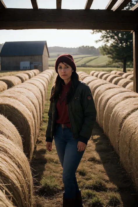 Environmental portrait of a female farmer, capturing her rugged attire and the livestock in the background, taken in a barn during morning chores, medium shot, set against a rustic backdrop of hay bales and farming equipment, illuminated by early morning sunlight streaming through openings in the barn, shot from a three-quarters angle to include both the subject and her environment, using a 35mm lens with a medium aperture to maintain depth of field, in the style of Dorothea Lange. (perfect face), (8K, 16k, uhd, dslr), (RAW photo:1.2), (best quality:1.4), (high quality:1.4), (masterpiece:1.2), (realistic:1.3), (photo-realistic:1.4), ultra-detailed, (grainy:0.4)