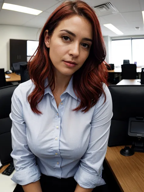 Analogue photo of a woman age of 34, (office worker), (red hair), (detailed face features), serious person, (office clothes), in a office, upperbody, hard lighting, fisheye lens, rim lighting, hard lighting, by ((hasselblad photography)) (8K, 16k, uhd, dslr), (RAW photo:1.2), (best quality:1.4), (high quality:1.4), (masterpiece:1.2), (realistic:1.3), (photo-realistic:1.4), ultra-detailed, (grainy:0.4)