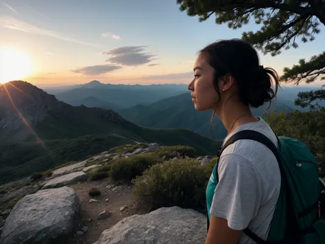 Naturalistic portrait of a female hiker, showcasing her sun-kissed skin and the wind-tousled hair, captured as she reaches the summit, medium shot, set against a breathtaking mountain landscape in the background, lit by the soft, early morning light, shot from a three-quarters angle to capture her profile and the vista, using an 18-55mm lens with a medium aperture to maintain depth of field, in the style of Jimmy Chin.. (8K, 16k, uhd, dslr), (RAW photo:1.2), (best quality:1.4), (high quality:1.4), (masterpiece:1.2), (realistic:1.3), (photo-realistic:1.4), ultra-detailed, (grainy:0.4)