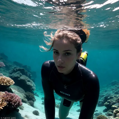 arafed woman in a wetsuit standing in the water with a scuba equipment