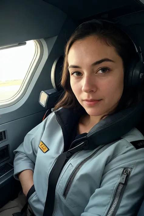 arafed woman sitting in a plane with headphones on